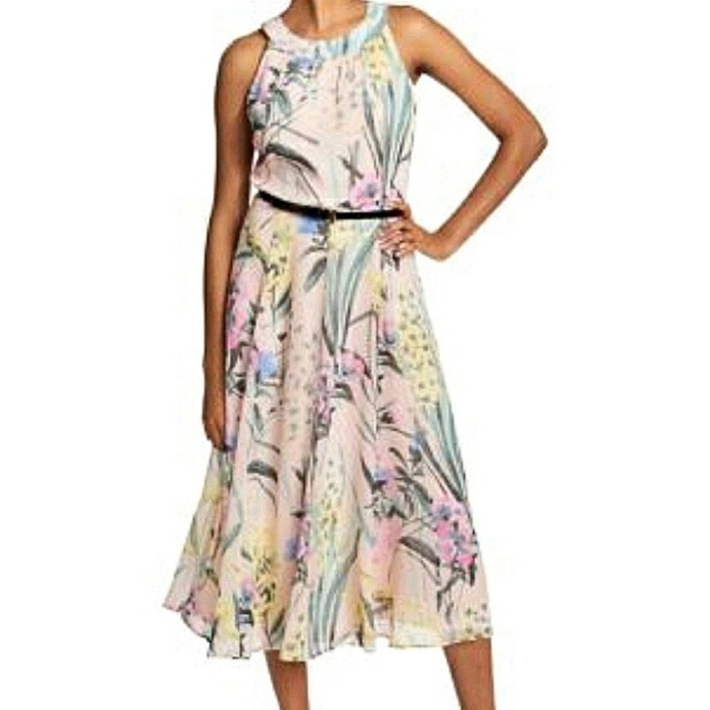 Tommy Hilfiger Floral Midi Dress Womens Size 10 High Neck Flowy Fit Lined